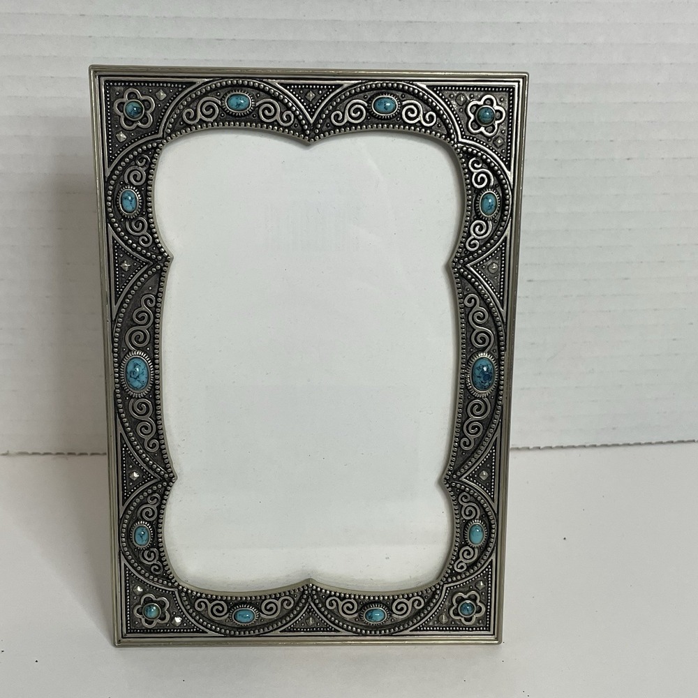 Picture Frame Heirloom by Decorel 4x6 Frame Silvertone w/Turquoise Like Beads